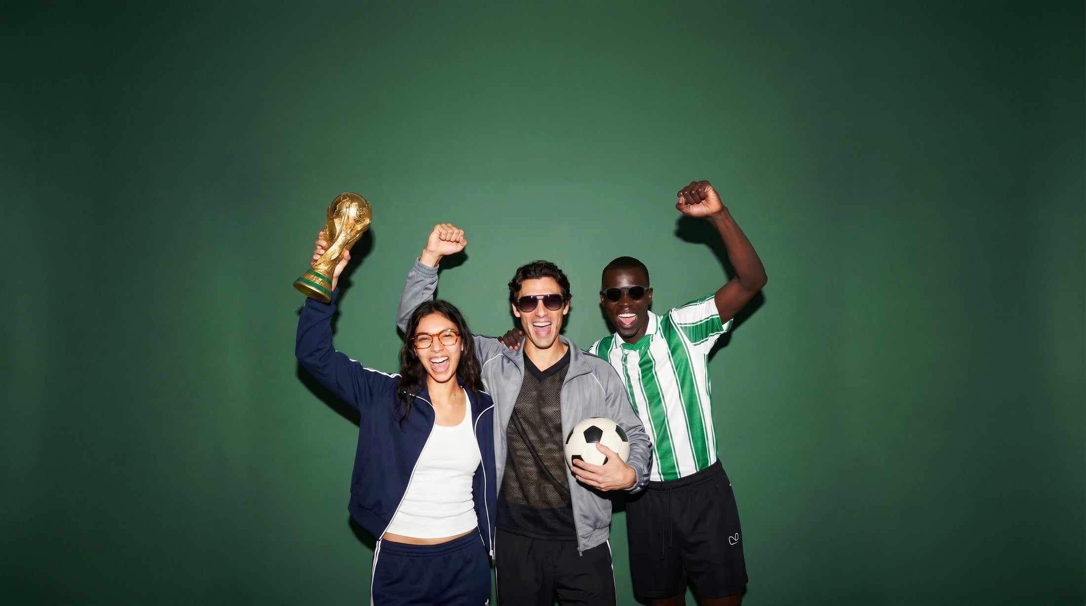 Drei jubelnde Fußballfans mit Visiloox Brillen, Fußball und goldenem Pokal vor grünem Hintergrund im Querformat