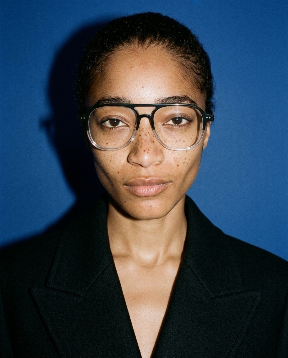 Frau mit Sommersprossen trägt die Einstärkenbrille Faro von Visiloox in Schwarz-Transparent, Editorial-Portrait vor blauem Hintergrund