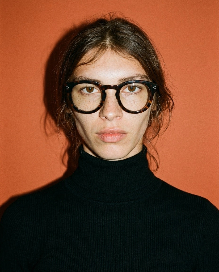 Model trägt runde Brille Vilnius Havana in Havanna-Optik mit dunklem Rollkragen vor warmem Hintergrund