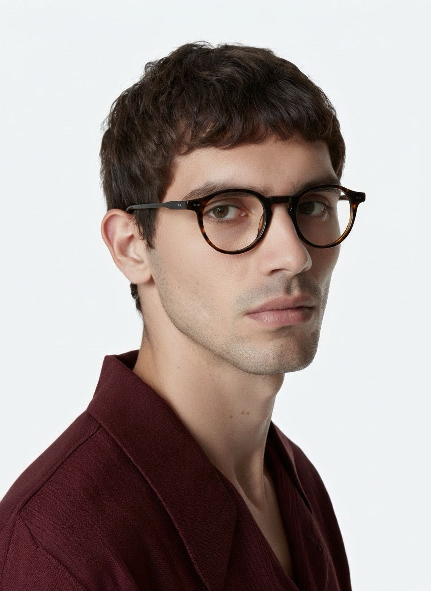 Herr trägt Panto Brille Granada aus Acetat in Havana, im Profil