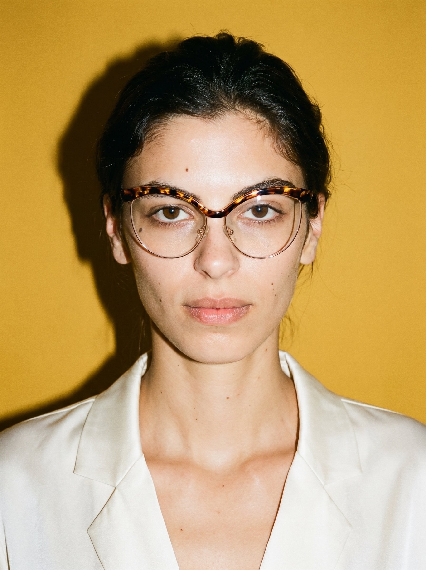 Visiloox Mombasa Einstärkenbrille in Havana Copper – Butterfly Cat-Eye Damenbrille aus Metall + TR90, getragen vom Model